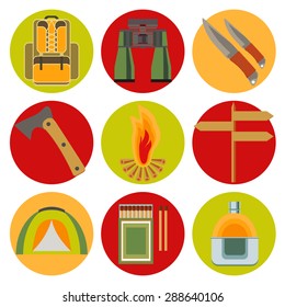 Vector icons on the theme of tourism. Template elements for web and mobile applications. Flat design.