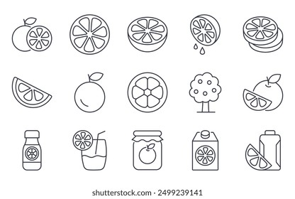 Iconos del vector de la fruta naranja. Cítricos enteros con hoja, cortados a la mitad. Bebe jugo fresco con tubo, árbol con fruta, mermelada dulce en tarro. Línea delgada de trazo editable negro sobre fondo blanco.