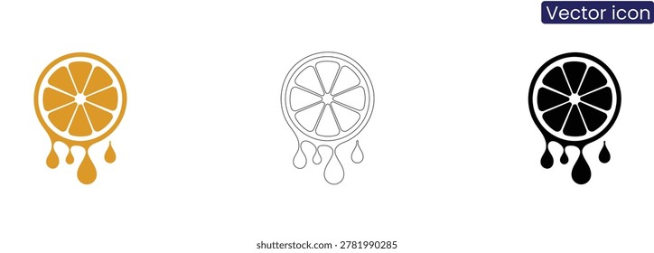 Vector icons of orange slice with juice drips in yellow, Black, And line art on white background