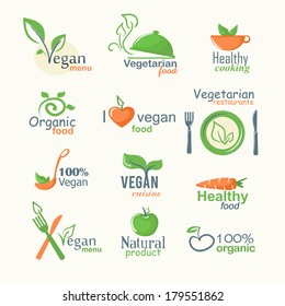 Vector icons of organic natural food, vegan and vegetarian signs