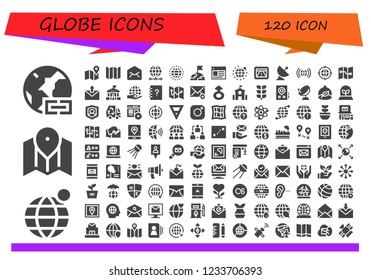 Vector icons pack of 120 filled globe icons. Simple modern icons about  - Worldwide, Earth globe, Map, Email, World, Earth, Web, Gps, Satellite, Earth grid, School, Contacts, Mars, Growing plant