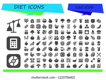Vector icons pack of 120 filled diet icons. Simple modern icons about  - Weights, Apple, Recipe book, Pot, Chip, Salad, Tangerine, Clam, Mushroom, Cupcake, Pineapple, Radish, Sauces, Watermelon