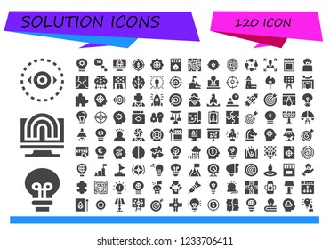 Vector icons pack of 120 filled solution icons. Simple modern icons about  - Vision, Idea, Creativity, Lightbulb, Thinking, Startup, Target, Options, Matches, Maze, Brain, Strategy, Decision making