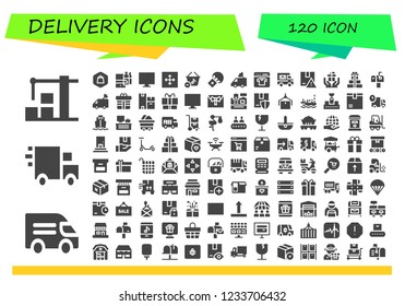 Vector icons pack of 120 filled delivery icons. Simple modern icons about  - Warehouse, Van, Delivery truck, Shopping, Shopping online, Online shop, Move, Basket, Parachute, Package, Gift, Gifts