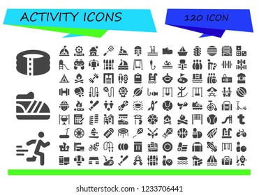 Vector icons pack of 120 filled activity icons. Simple modern icons about  - Pool, Runner, Shoe, Tent, Ferris wheel, Cabin, Racket, Jet ski, Bait, Swimming pool, Shoes, Sailboat, Slide, Ball