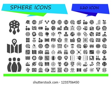 Vector icons pack of 120 filled sphere icons. Simple modern icons about  - Ornament, Bowling, Map, Orbit, Basketball, Earth grid, Molecule, Ball, Earth, World, Football, Balls, Mirror ball, Planet