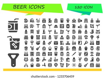 Vector icons pack of 120 filled beer icons. Simple modern icons about  - Soda, Bottle opener, Drink, Beer, Cocktail, Fish food, Tinned food, Dutch, Bar, Beer pong, Beer bottle, Alcohol, Food