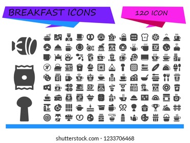 Vector icons pack of 120 filled breakfast icons. Simple modern icons about  - Salami, Spoon, Snack, Pot, Cheese, Bellboy, Cup, Pretzel, Donut, Kettle, Biscuit, Toast, Cookie, Meal, Tea, Dinner