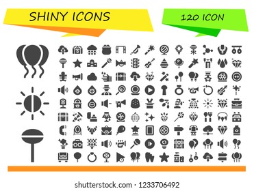 Vector icons pack of 120 filled shiny icons. Simple modern icons about  - Balloons, Lollipop, Brightness, Cloud, Chest, Hail, Gold, Ladder, Trumpet, Magic wand, Mirror, Necklace, Blood, Rings