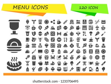 Vector icons pack of 120 filled menu icons. Simple modern icons about  - Cup, Sausage, Dish, Sundae, Coffee cup, Share, Tea, Knife, Bar, Soup, Register, Fish, Shrimp, Lobster, Ice cream, Taco