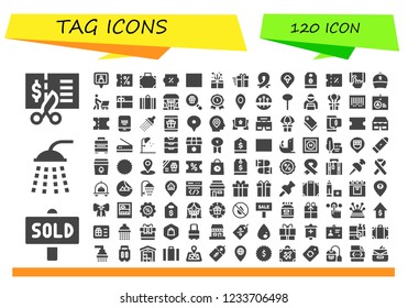 Vector icons pack of 120 filled tag icons. Simple modern icons about  - Voucher, Sold, Shower, Location pin, Sale, Suitcase, Discount, Barcode, Gift, Ribbon, Pin, Price tag, Coupon, Tap, Shopping