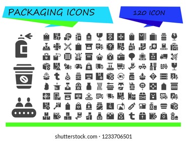 Vector icons pack of 120 filled packaging icons. Simple modern icons about  - Spray bottle, Conveyor, Take away, Shopping bag, Package, Delivery truck, Milk, Shampoo, Fragile, Move, Box, Liquorice