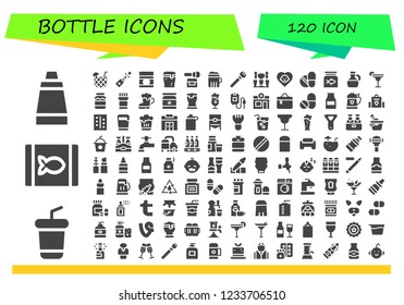 Vector icons pack of 120 filled bottle icons. Simple modern icons about  - Ointment, Soda, Canned food, Cocktail, Champagne, Baby food, Beer, Powder, Makeup, Beer tap, Baby, Pills, Fish food