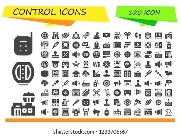 Vector icons pack of 120 filled control icons. Simple modern icons about  - Baby monitor, Airport, Pedal, Button, Sliders, Eye scan, Wheel, Stamp, Joystick, Smart tv, Fleas, Automaton, Megaphone