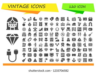 Vector icons pack of 120 filled vintage icons. Simple modern icons about  - Censor, Plug, Diamond, Bell, Writing tool, Roller skate, Lantern, Surf, Price tag, Armchair, Ticket, Foam, Recorder