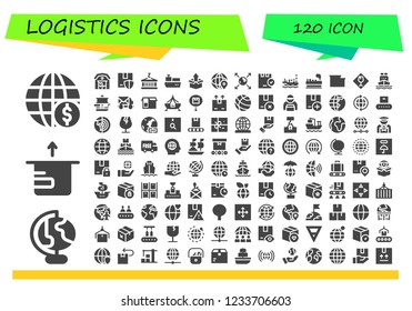 Vector icons pack of 120 filled logistics icons. Simple modern icons about  - Earth globe, Package, Warehouse, Container, Cargo ship, World, Ship, Cargo, Fragile, Mail truck, Fair ship, Shipping