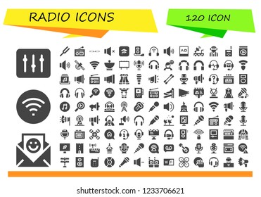 Vector icons pack of 120 filled radio icons. Simple modern icons about  - DJ, Communication, Wifi, Diapason, Radio, Voice message, Volume, Itunes, Mp player, Headphones, Ads, Satellite dish