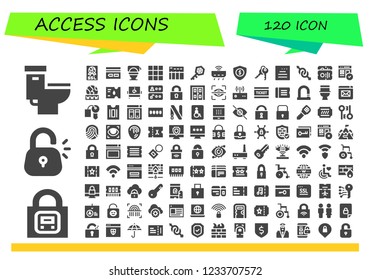 Vector icons pack of 120 filled access icons. Simple modern icons about  - Toilet, Lock, Ssl, Key card, Keypad, Data table, Key, Router, Security, Keys, Website, Gender, Ticket, Web, Www, Disabled