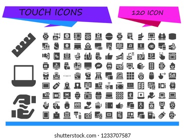 Vector icons pack of 120 filled touch icons. Simple modern icons about  - Finger, Hands, Laptop, Smartwatch, Graphic tablet, Audio book, Tablet, Click, Hand, Screen, Screens, Pendrive, Responsive