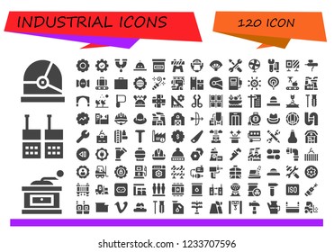 Vector icons pack of 120 filled industrial icons. Simple modern icons about  - Helmet, Grinder, Walkie talkie, Gear, Settings, Pipe, Hat, Box, Barrier, Fan, Tools, Wrench, Roadblock, Airbrush