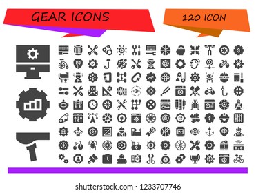 Vector icons pack of 120 filled gear icons. Simple modern icons about  - Settings, Saddle, Gear, Configuration, Pulley, Tools, Timing belt, Basketball, Setting, Minimize, Handlebar, Wheels, Bike