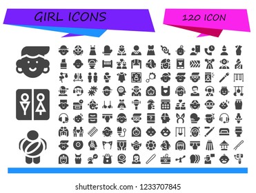 Vector icons pack of 120 filled girl icons. Simple modern icons about  - Avatar, Childhood, Wc, Dress, Mitten, Nurse, Gender, Baby, Selfie, Support, Birthday boy, Cheongsam, Lipstick, Toilet