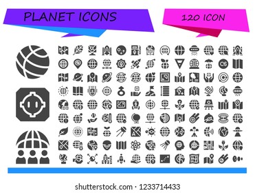 Vector icons pack of 120 filled planet icons. Simple modern icons about  - Earth globe, Worldwide, Dohyo, Map, Renewable energy, Spaceship, Full moon, Eco fuel, Earth, World, Ufo, Earth grid