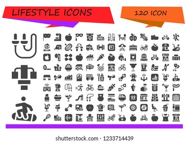 Vector icons pack of 120 filled lifestyle icons. Simple modern icons about  - Skip rope, Snowboard, Gym station, Eye mask, Coffee machine, Apple, Abs, Shoe, Jumping rope, Salad, Skateboard, Shoes