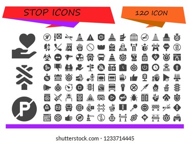 Vector icons pack of 120 filled stop icons. Simple modern icons about  - Hand, No parking, Road sign, No fast food, Red cross, No smoke, Cone, Alert, Warning, Gate, No smoking, Stopwatch, Weapon