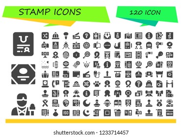 Vector icons pack of 120 filled stamp icons. Simple modern icons about  - Certificate, Reporter, Shuffle, Baby hat, Enema, Stapler, Question mark, Report, Information, Download, Postcard, Contract