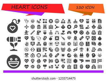 Vector icons pack of 120 filled heart icons. Simple modern icons about  - Bomb, Yahoo, Stethoscope, Diamond, Blood donation, Poker, Sticker, Peace, Couple, Nurse, Hospital, Heart, Effervescent