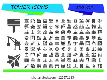 Vector icons pack of 120 filled tower icons. Simple modern icons about  - Scraper, Thai kite, Crane, Pagoda, Rigging, Nuclear plant, Bridge, Electric tower, Tower, Antenna, Airport, Telephone booth