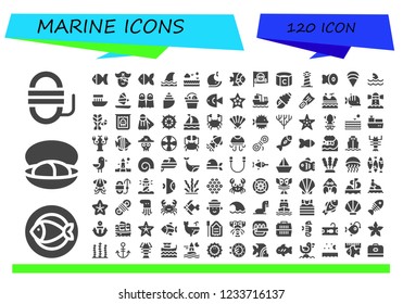 Vector icons pack of 120 filled marine icons. Simple modern icons about  - Rope, Fish, Mussel, Pirate, Shark, Sea, Whale, Captain, Lighthouse, Clam, Boat, Windsurf, Fins, Shell, Starfish, Cargo ship