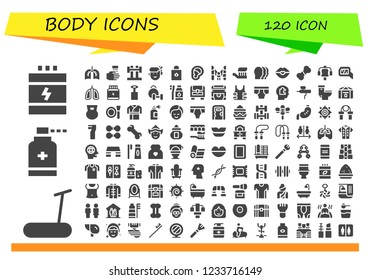 Vector icons pack of 120 filled body icons. Simple modern icons about  - Proteins, Treadmill, Antiseptic, Lungs, WASHING HANDS, Barbell, Woman, Body oil, Ear, Family, Toothbrush, Heads, Kiss