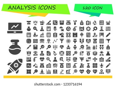 Vector icons pack of 120 filled analysis icons. Simple modern icons about  - Analytics, Startup, Flask, Scale, Test tube, Beaker, Eyedropper, Zoom, Eye dropper, Report, Microscope, Calculator