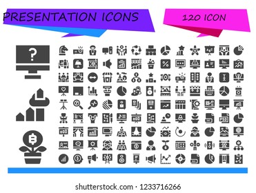 Vector icons pack of 120 filled presentation icons. Simple modern icons about  - Computer, Growth, Chart, Strategy, Projector, Manager, Meeting, Flow chart, Pie chart, Stats, Blackboard, Curtains
