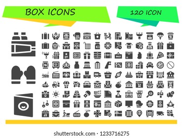 Vector icons pack of 120 filled box icons. Simple modern icons about  - Paint, Postcard, Mitten, Suitcase, Cube, Gift, Boxing gloves, Chest, Shopping basket, Delivery, Box, Boxes, Bouquet, Parachute