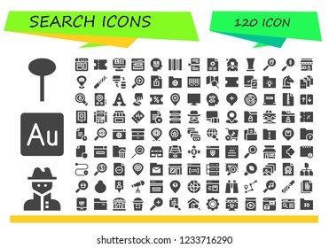 Vector icons pack of 120 filled search icons. Simple modern icons about  - Pin, Spy, Audition, Browser, Coupon, Recruitment, Influence, Barcode, Page, File, Influencer, Glass, Search, Market