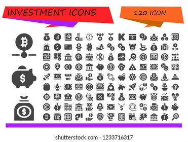 Vector icons pack of 120 filled investment icons. Simple modern icons about  - Bitcoin, Money bag, Piggy bank, Bars graphics, Passbook, Coins, Currency exchange, Growth, Kickstarter, Money, Rate