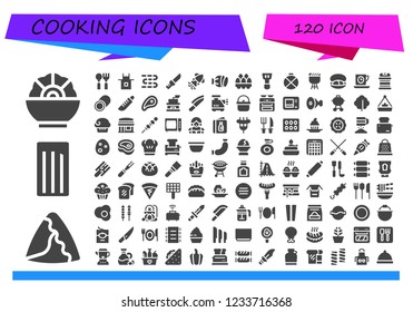 Vector icons pack of 120 filled cooking icons. Simple modern icons about  - Salad, Samosa, Churros, Spoon, Apron, Sausages, Knife, Squid, Salami, Eggs, Spatula, Canteen, Barbecue, Mussel, Tea time