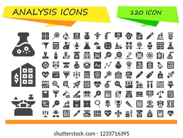 Vector icons pack of 120 filled analysis icons. Simple modern icons about  - Flask, Scale, Tax office, Calculator, Zoom out, Microscope, Analytics, Funnel, Test tube, Funds, Report, Eye dropper