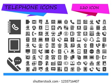 Vector icons pack of 120 filled telephone icons. Simple modern icons about  - Phone book, Telephone, Tablet, Smartphone, Laptop, Big ben, Phone call, Call center, Emergency call, Telephone booth