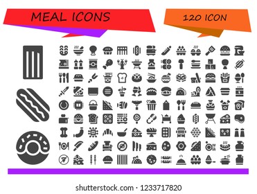 Vector icons pack of 120 filled meal icons. Simple modern icons about  - Churros, Donut, Hotdog, Pretzel, Soup, Chicken leg, Pie, Segovia, Hot dog, Toaster, Knife, Eggs, Cupcake, Spatula, Burger