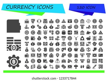 Vector icons pack of 120 filled currency icons. Simple modern icons about  - Wallet, Bitcoin, Money, Profit, Transfer, Gong, Ingots, Coin, Bank, Currency exchange, Coins, Piggy bank, Money bag