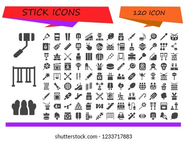 Vector icons pack of 120 filled stick icons. Simple modern icons about  - Selfie stick, Friends, Swing, Crutch, Arcade machine, Chopsticks, Popsicle, Stairs, Magician, Cotton candy, Usb, Skewer