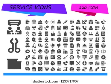 Vector icons pack of 120 filled service icons. Simple modern icons about  - Chat, Warehouse, Tool, Sms, Garage, Bonnet, Motor, Vision, Ship, Tuning, Payment terminal, Pharmacist, Settings, Donation