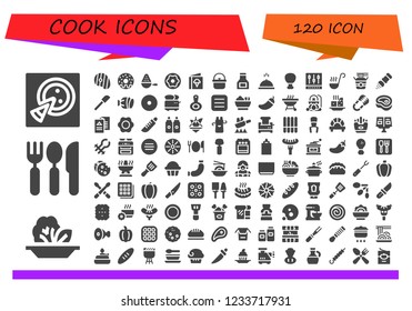 Vector icons pack of 120 filled cook icons. Simple modern icons about  - Pizza, Salad, Cutlery, Steak, Donut, Spoon, Menu, Pot, Sauce, Meal, Fried chicken, Mixer, Ladle, Noodles, Salt, Spatula