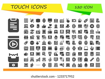 Vector icons pack of 120 filled touch icons. Simple modern icons about  - Phone book, Stun gun, Audio book, Tablet, Pendrive, Screen, Smartwatch, Laptop, Graphic tablet, Touch, Hand, Slider