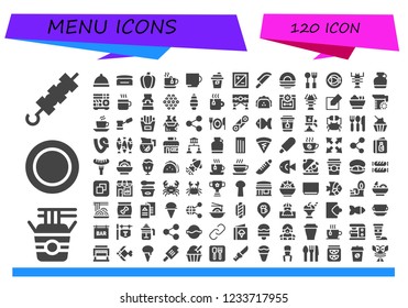 Vector icons pack of 120 filled menu icons. Simple modern icons about  - Brochette, Noodles, Dish, Dinner, Cream, Paprika, Tea, Cup, Coffee, Exposure, Knife, Cutlery, Fish, Lobster, Canteen