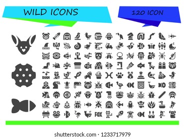 Vector icons pack of 120 filled wild icons. Simple modern icons about  - Fennec, Fish, Revolver, Panda bear, Fishbone, Sloth, Bird, Hunter, Vulture, Horse, Snake, Swordfish, Shark, Elephant